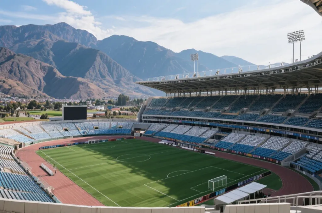 A majestic modern soccer stadium with a breathtaking mountain backdrop in Mexico, generic editorial photography