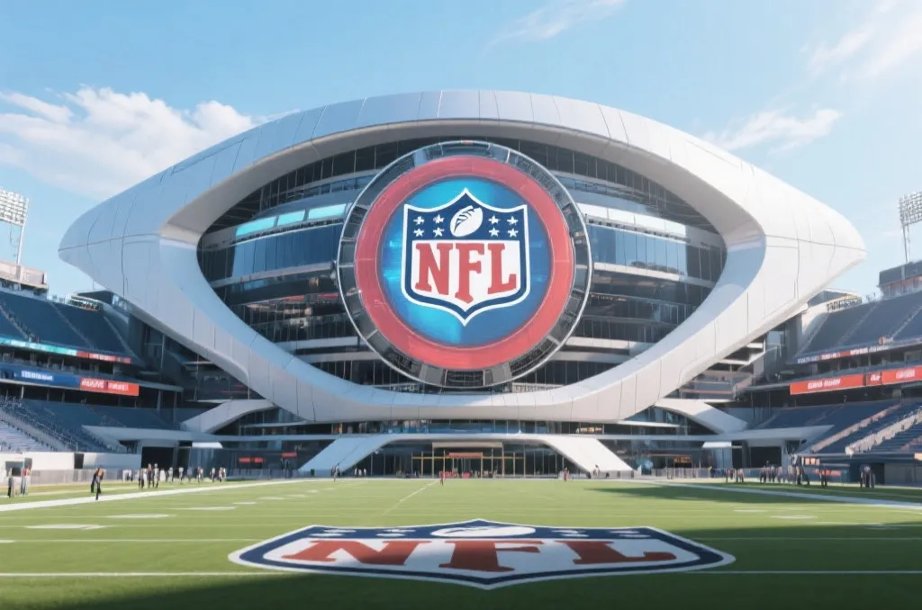 A futuristic NFL stadium in the United States with a massive circular screen, daytime view, high-end architecture