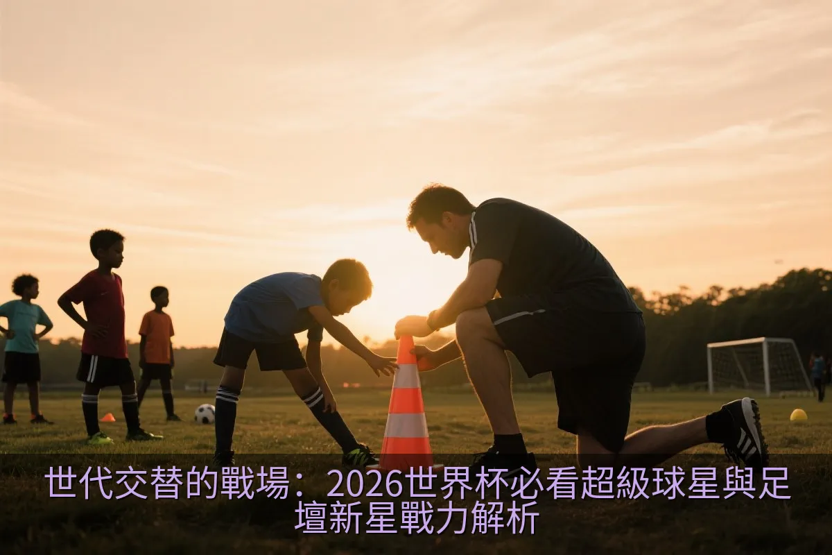 幾位年輕足球運動員在訓練場上奔跑慶祝的剪影，背景是溫暖的夕陽，充滿朝氣與未來感